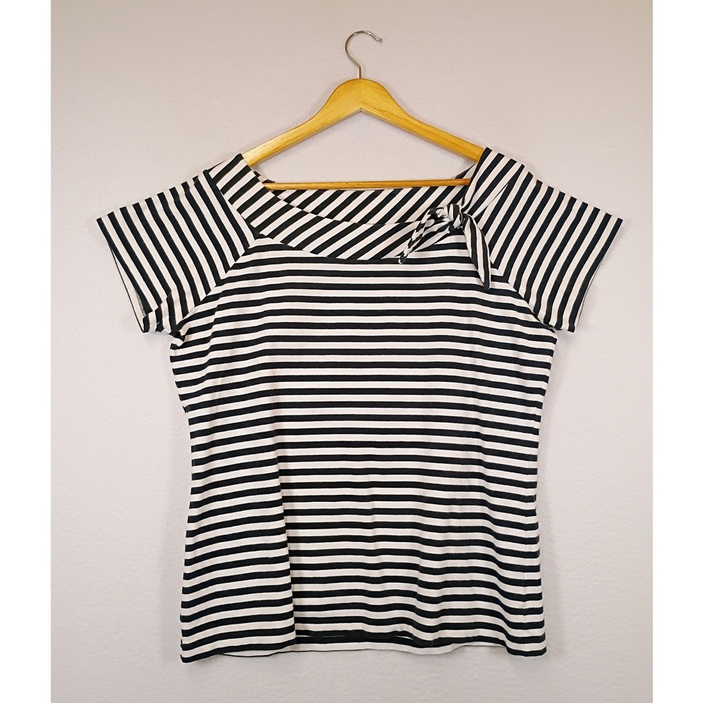 Nautical Preppy Chaps Womens L Black White Striped Boat Neck Side Tie Knit Top
